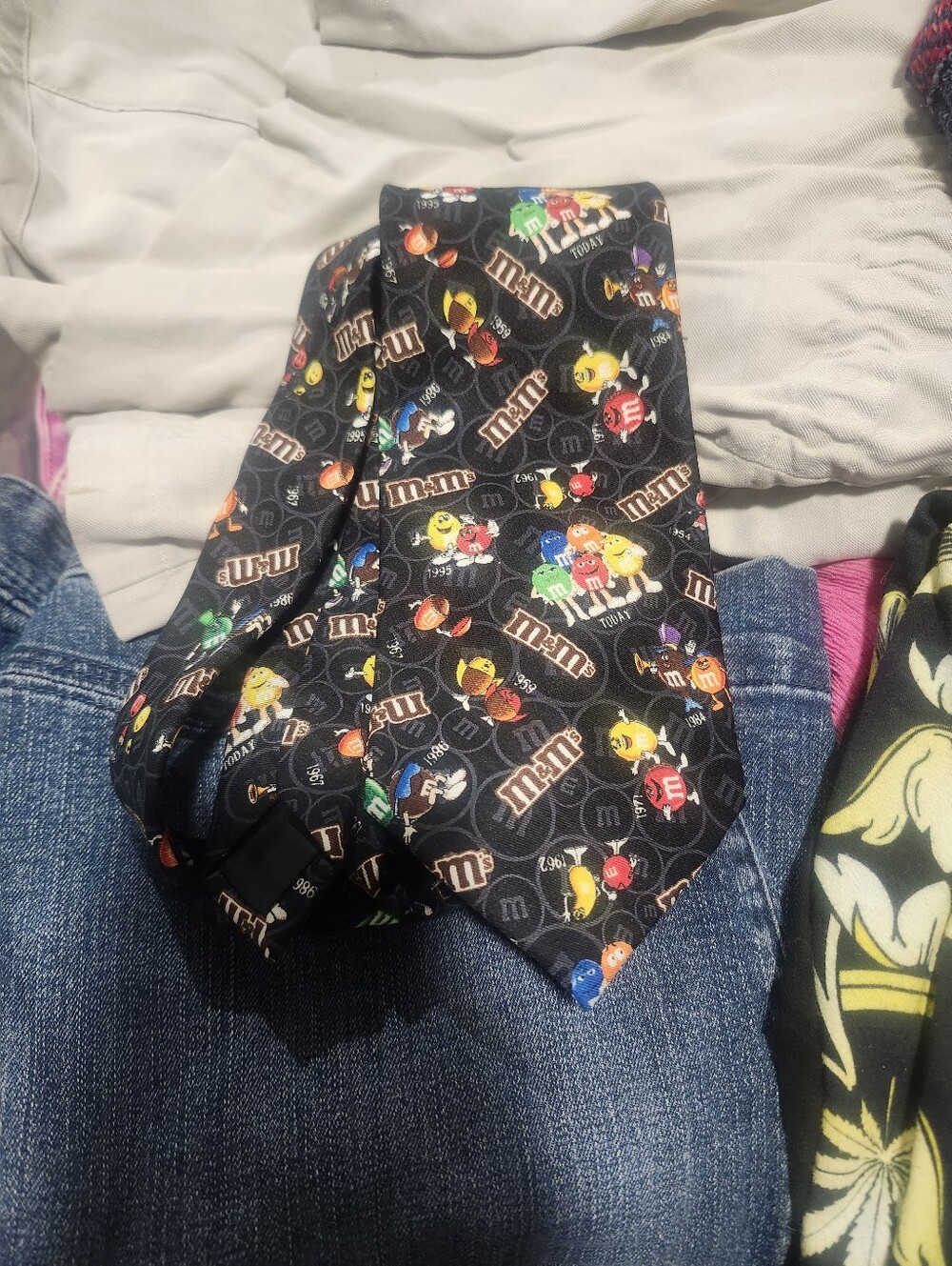 Vintage Y2K Era M&Ms "Thru the Years" Logo Novelty Tie Black EUC
